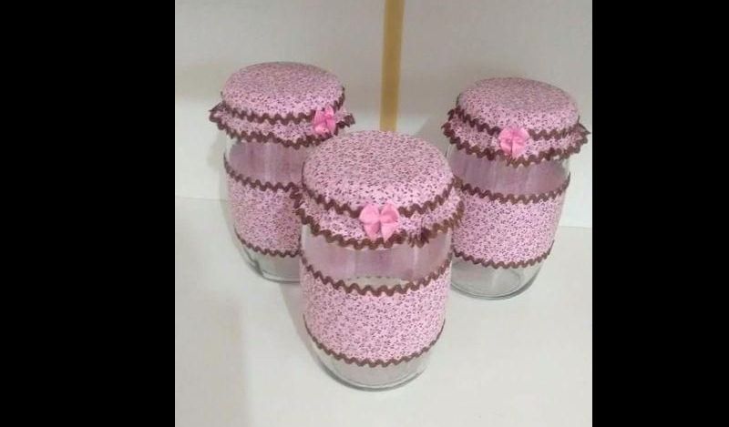 pote de vidro decorado com tecido rosa pote de vidro decorado com tecido rosa