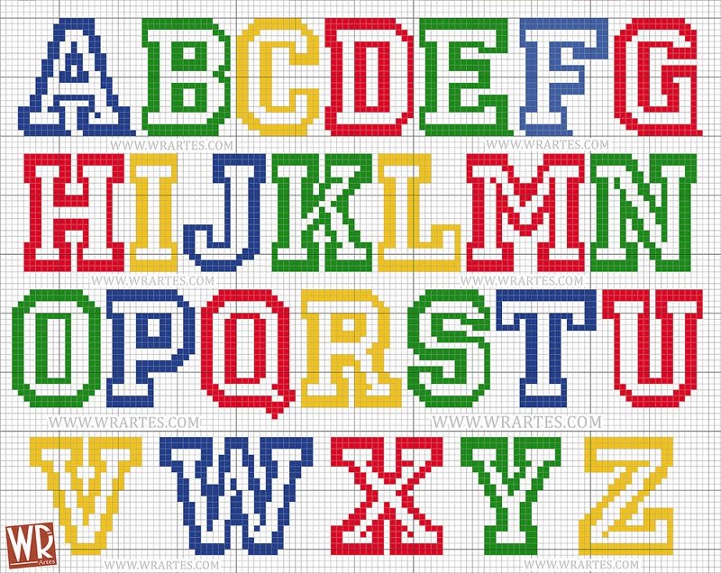 grafico de alfabeto em ponto cruz colorido