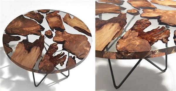 mesa de resina com pedaços de madeira