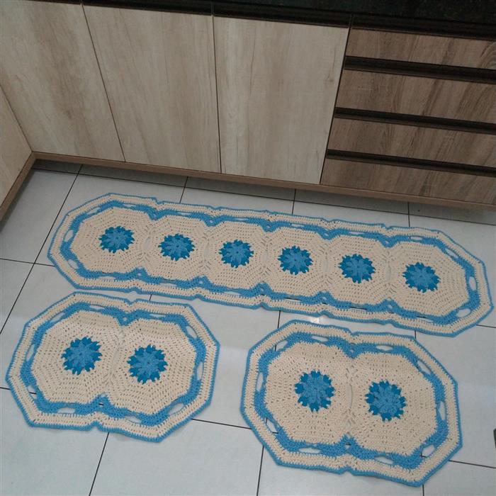 Tapetes de cozinha de barbante com flor azul