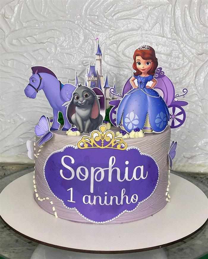 Bolo da princesa Sofia, Topper, Redondo, Chantilly lilás, 1kg, 10  fatias, Abacaxi