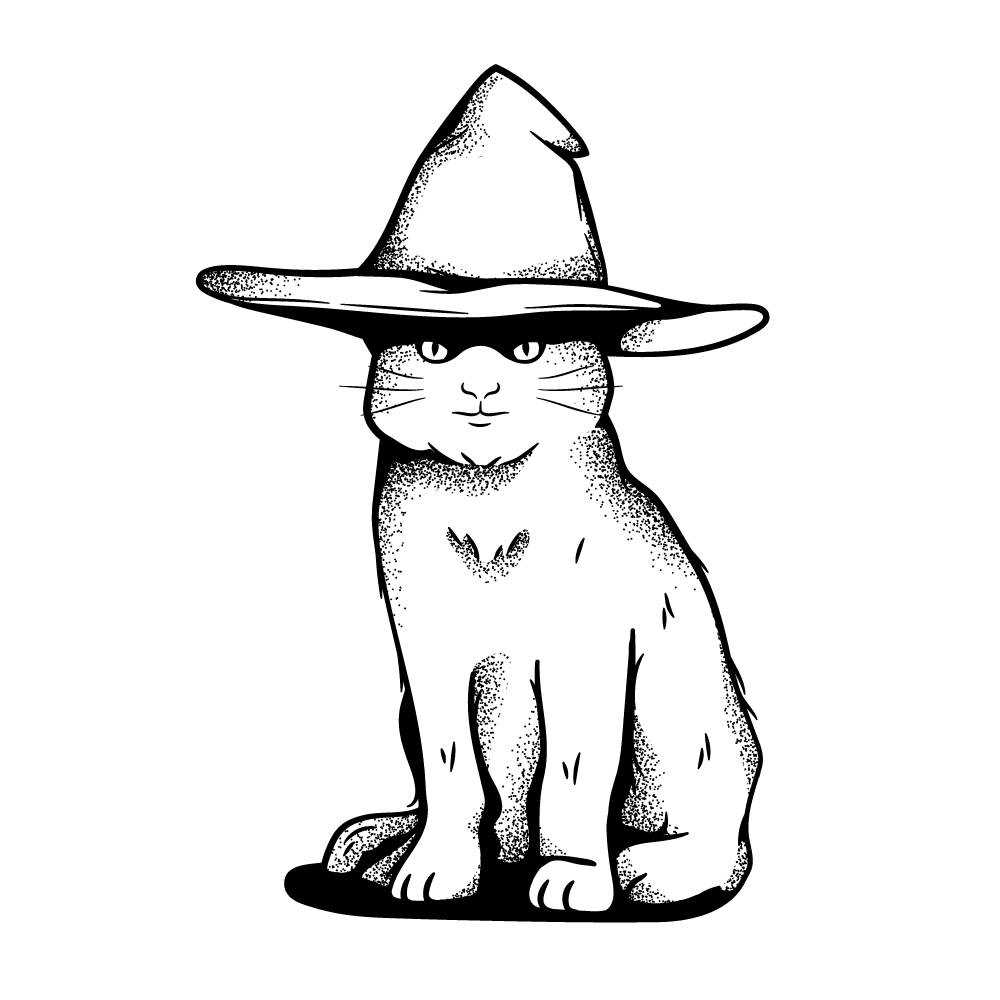 Gato com chapeu de bruxa para colorir