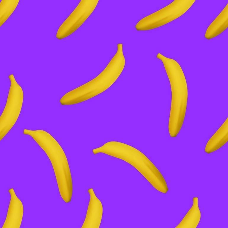 pop art de bananas espalhadas em fundo roxo