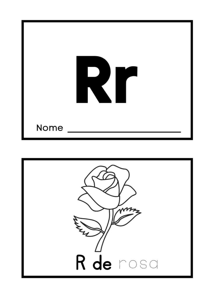 Atividade com letra R e desenho de rosa tracejada