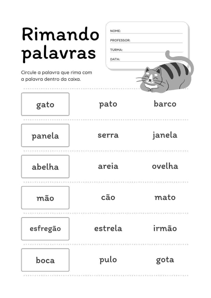 Atividade de rimar as palavras