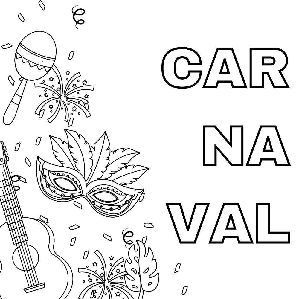 Ilustração de carnaval para colorir com violão e máscaras 