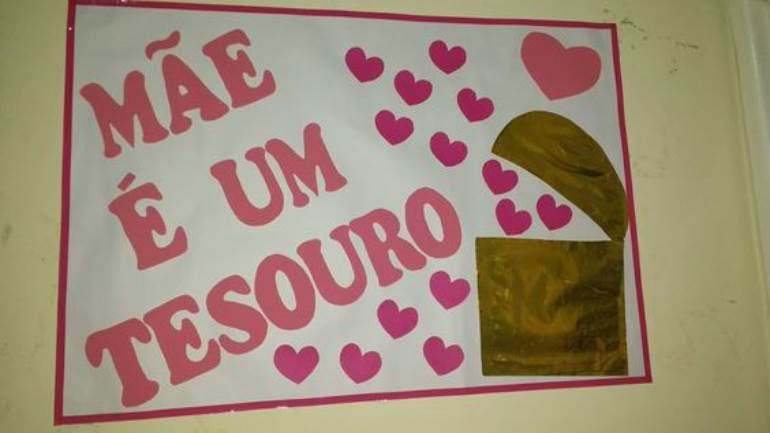 Cartaz de dia da mães com baú e corações