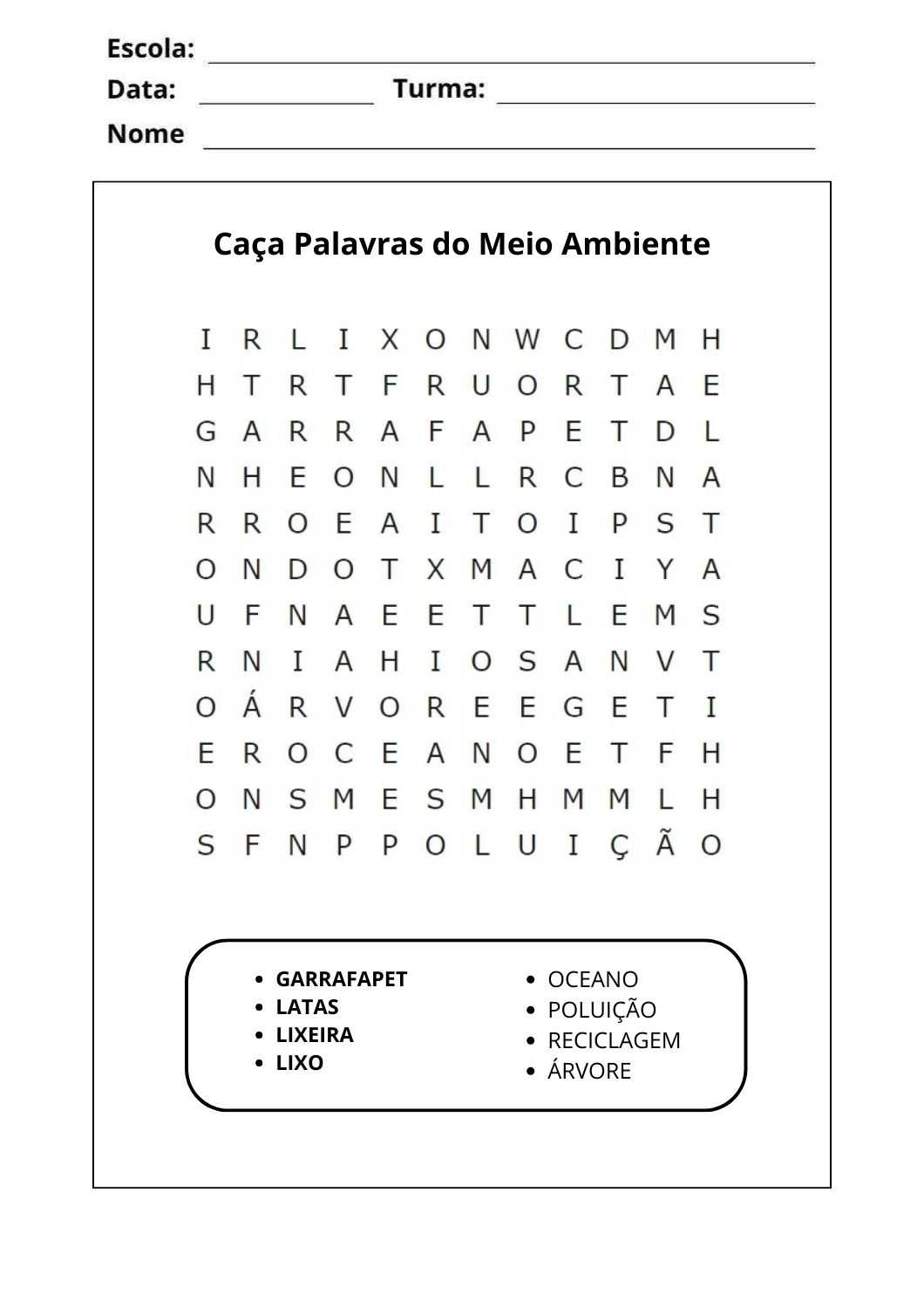 caca palavras do meio ambiente