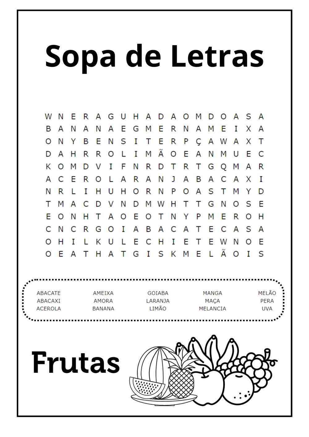 Sopa de Letras de Frutas para Imprimir - Brinquedos de Papel