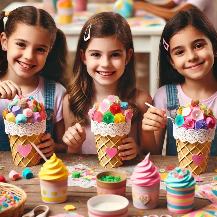 crianças com molde de casquinha de sorvete