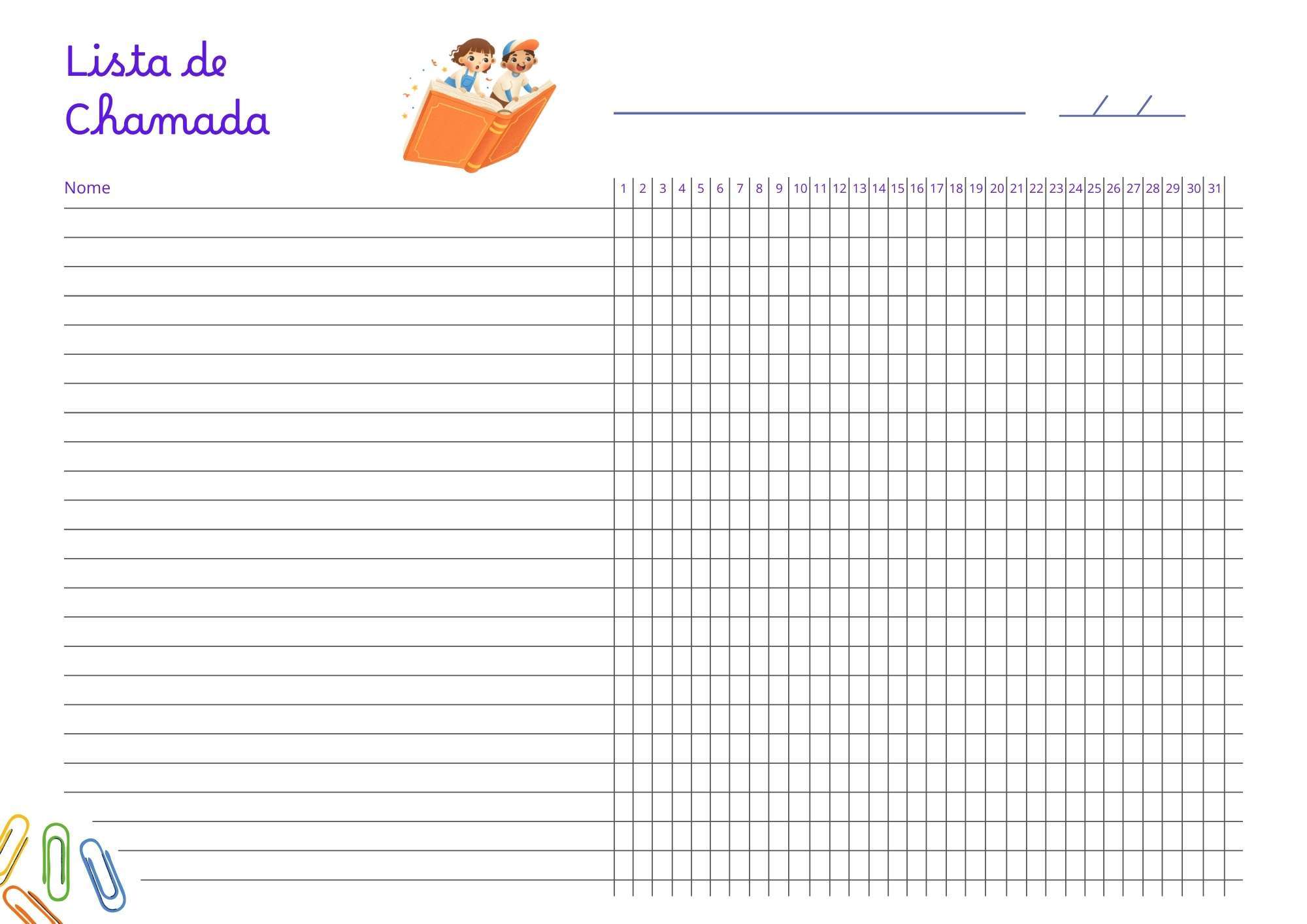 lista de chamada escolar para imprimir