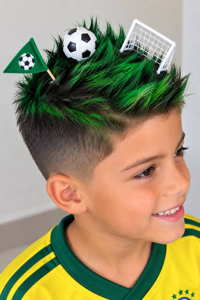 menino com cabelo de campo de futebol